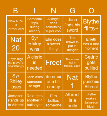 Squire Bingo Card
