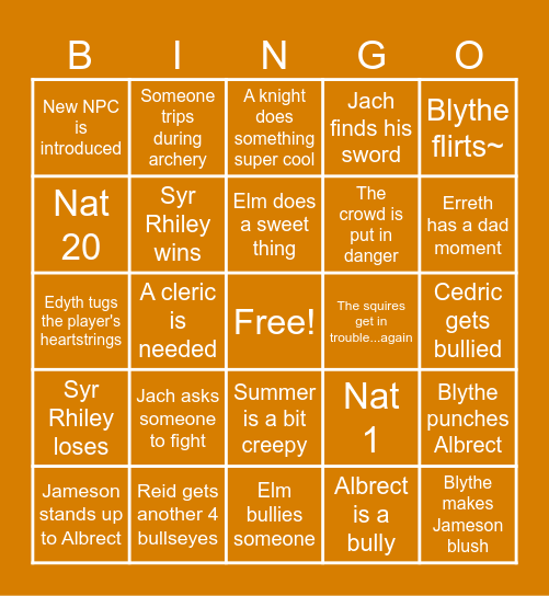 Squire Bingo Card