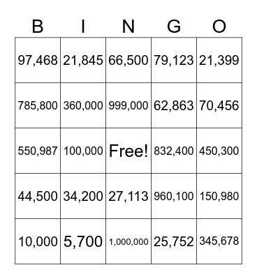 Numbers to 1 000 000 Bingo Card