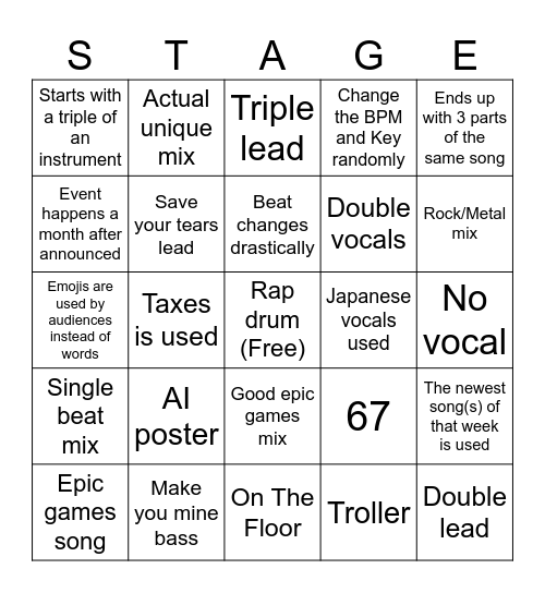 Fortnite jam mixing tournaments Bingo Card
