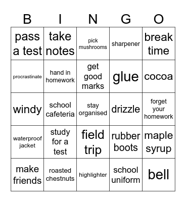 Back 2 School Bingo Card