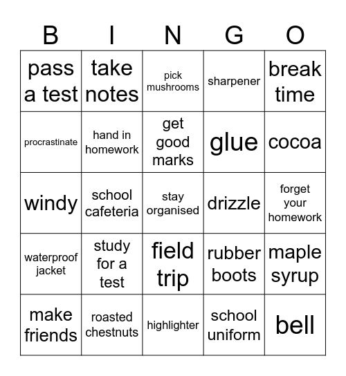 Back 2 School Bingo Card