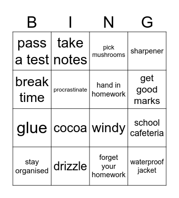 Back 2 School Bingo Card