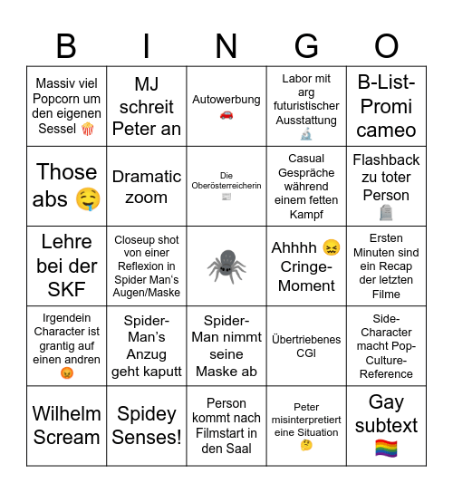 Spider-Man Movie Experience Bingo Card