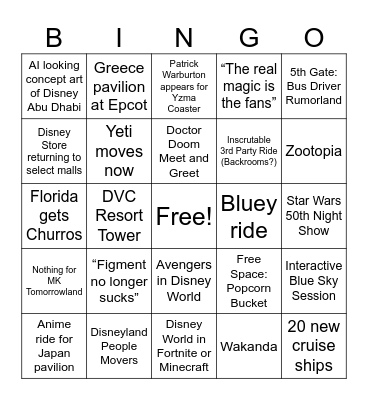 D23 Parks Panel Bingo Card