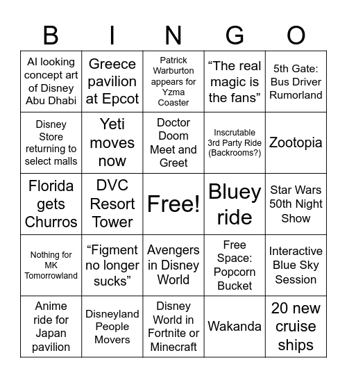 D23 Parks Panel Bingo Card