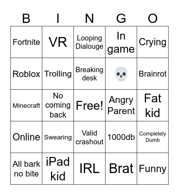 Kid Crashout Bingo Card