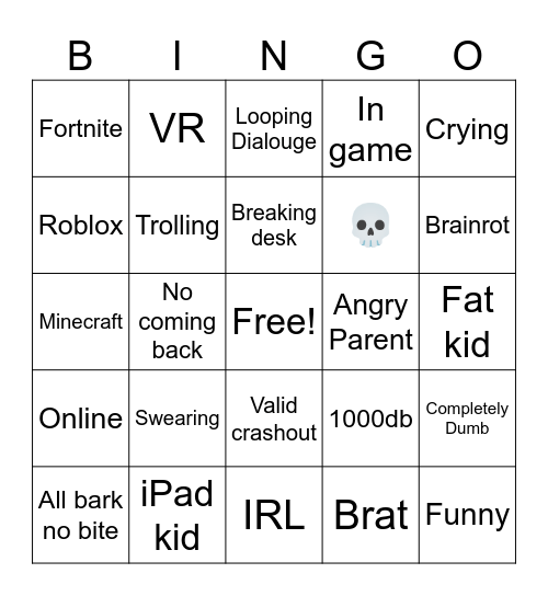 Kid Crashout Bingo Card