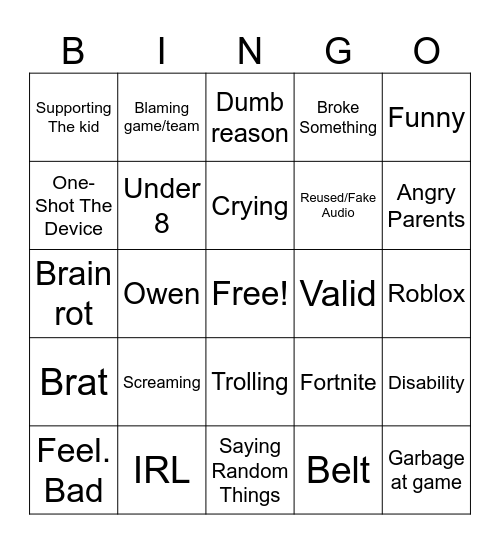 Rage Bingo Card