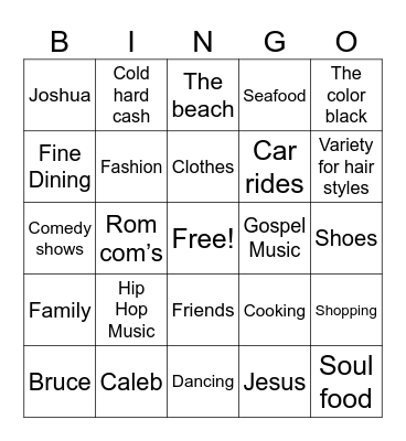 Gwen’s Favorite Things Bingo Card