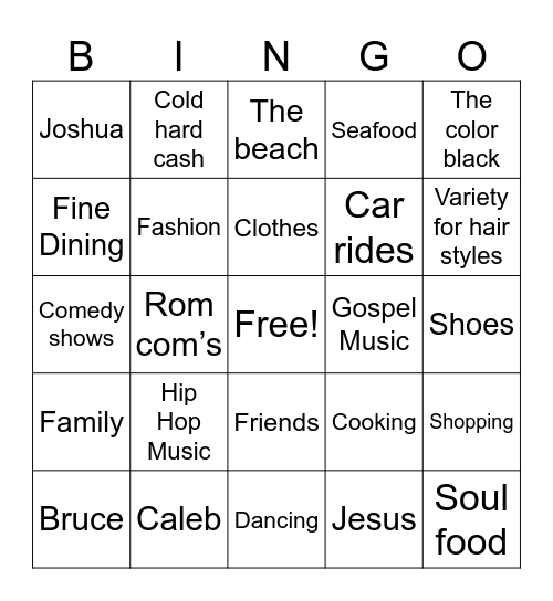 Gwen’s Favorite Things Bingo Card