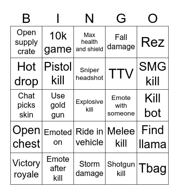 Fortnite Bingo Card