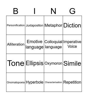 Literary Techniques Bingo Card