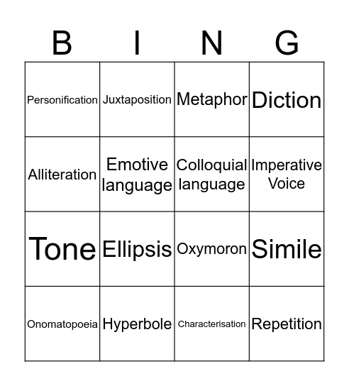 Literary Techniques Bingo Card