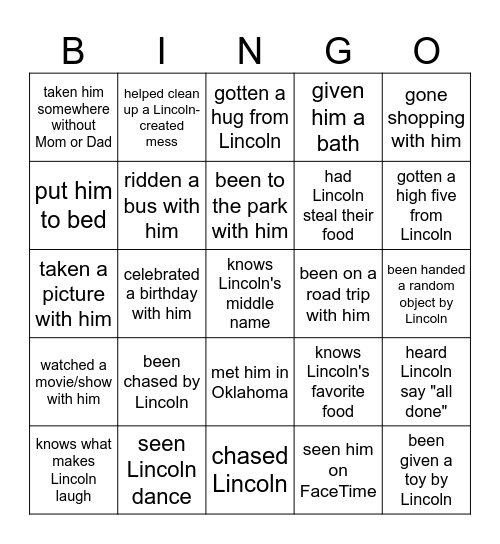 Lincoln's Second Ride Bingo Card