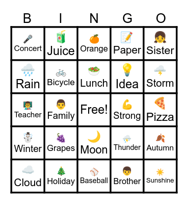English Vocabulary Bingo Card