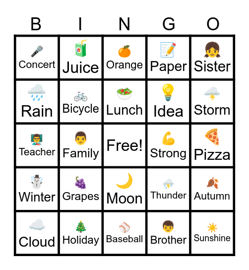 English Vocabulary Bingo Card