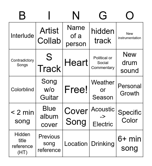 New JM Album Bingo Card