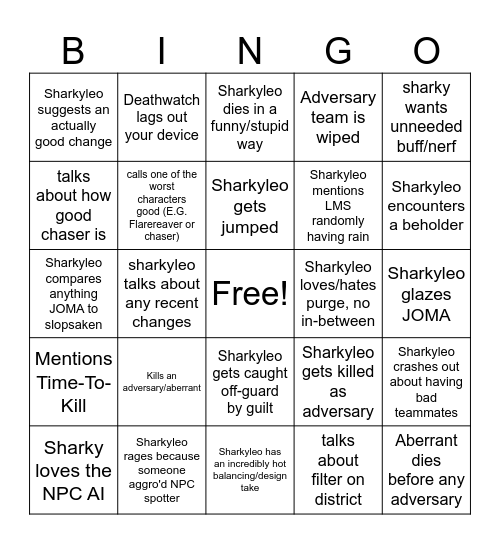 Sharkyleo JOMA bingo, Bingo Card
