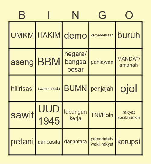 Pidato 17 Agustus 2026 Bingo Card