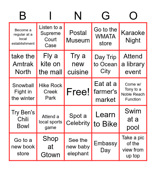 Erin's DC Bingo Card Bingo Card
