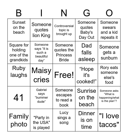 Towne family bingo Card