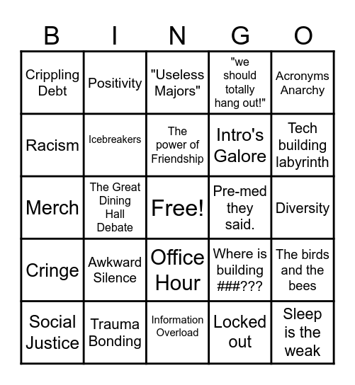 Freshman Honeymoon Bingo Card