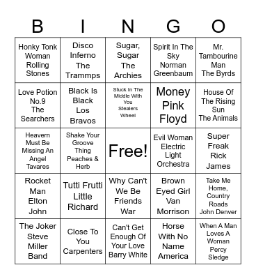 50s, 60s, 70s Bingo Card