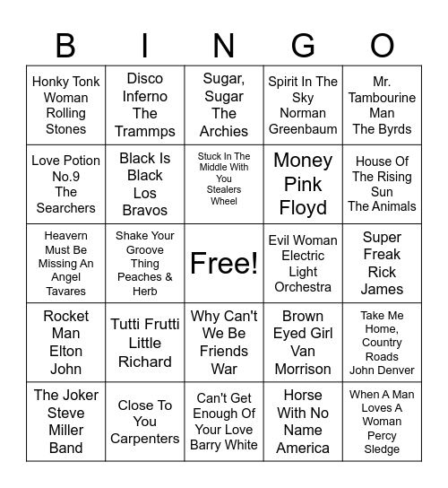 50s, 60s, 70s Bingo Card
