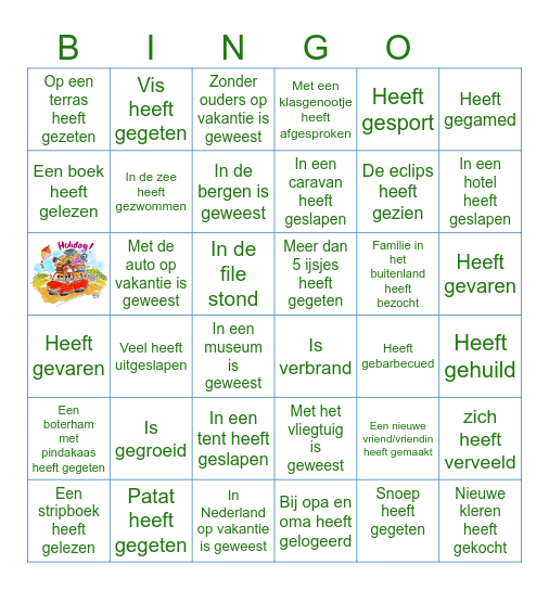Zoek iemand die in de vakantie Bingo Card