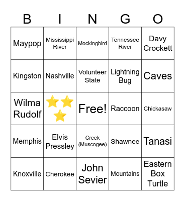 TENNESSEE Bingo Card