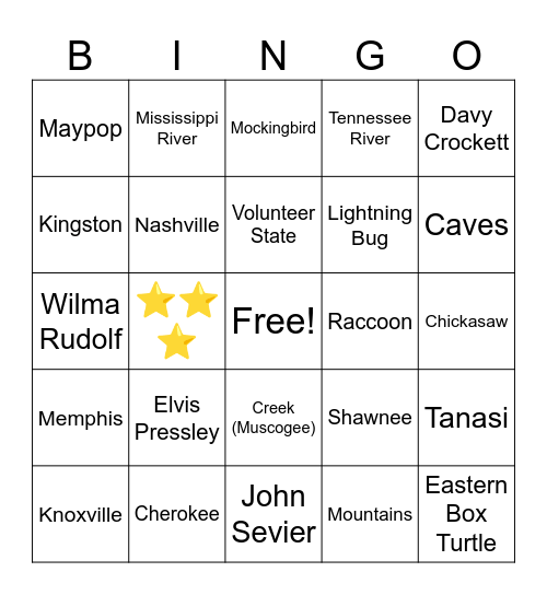 TENNESSEE Bingo Card