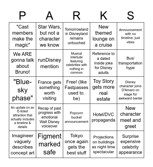 Disney Parks Panel BINGO Card