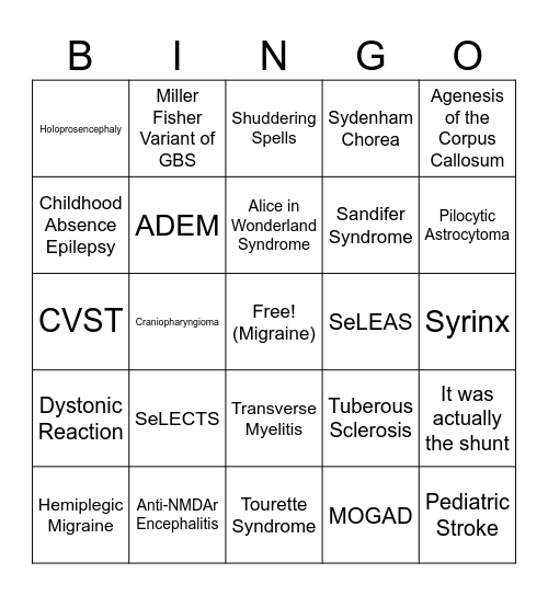 Child Neurology Bingo Card