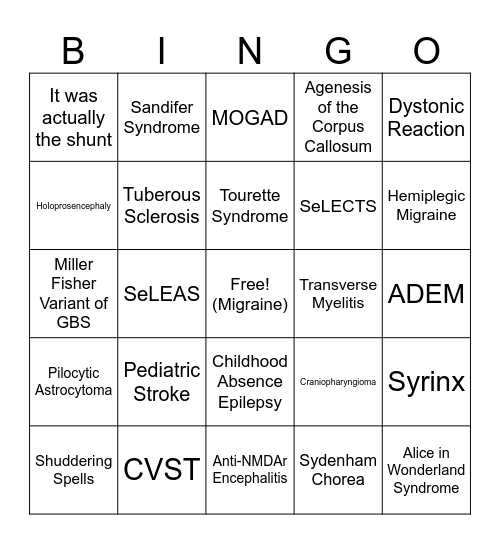 Child Neurology Bingo Card