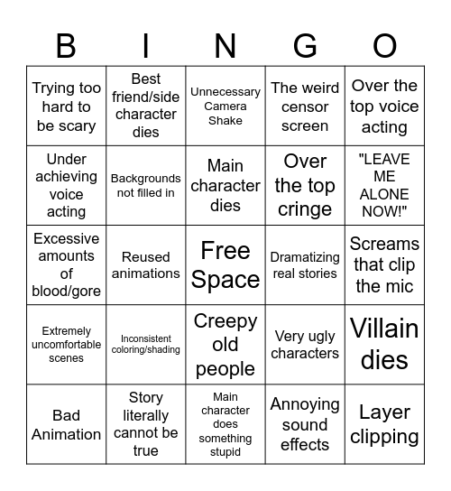 Horror Shorts Party Bingo Card