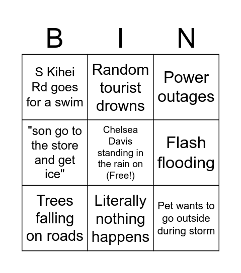 Hurricane Lala or whatever Bingo Card