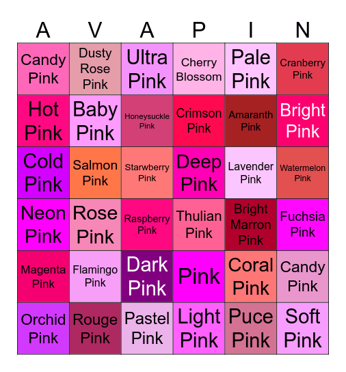 Ava Pink Cairns* 🩷💕💖💗💞💓💐🌸💘💝🐷🌺🌷💄🐽🍬👙🎀🐖🧞‍♀️👚👛🦩🩰🎟️🏳️‍⚧️🤙🏻 Bingo Card