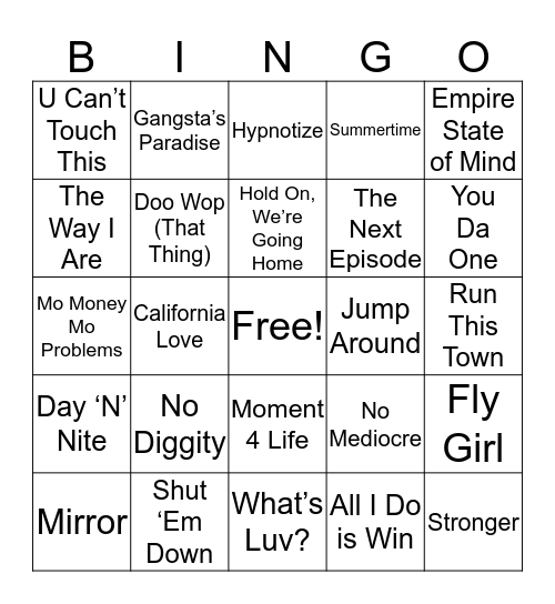 Hip-Hop Music Bingo Card