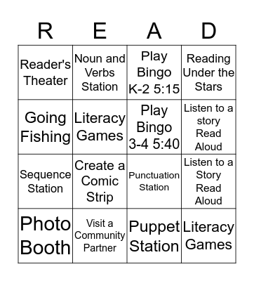 Family Literacy Night Bingo Card