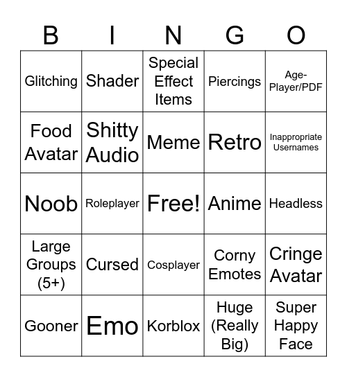 Catalog Avatar Creator Bingo Card