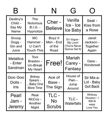 Hits of the 90s Bingo Card