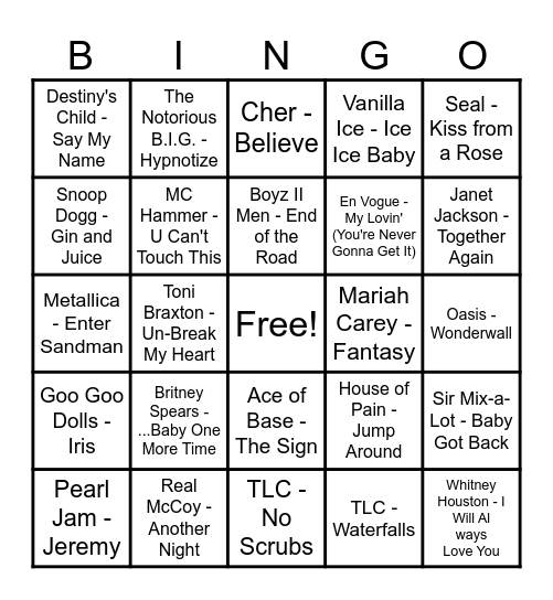 Hits of the 90s Bingo Card