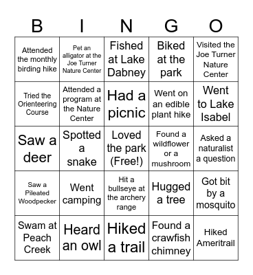 Lake Houston Wilderness Park Bingo Card