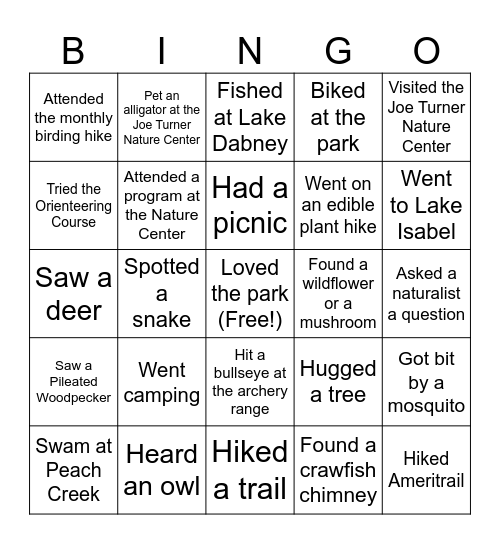 Lake Houston Wilderness Park Bingo Card