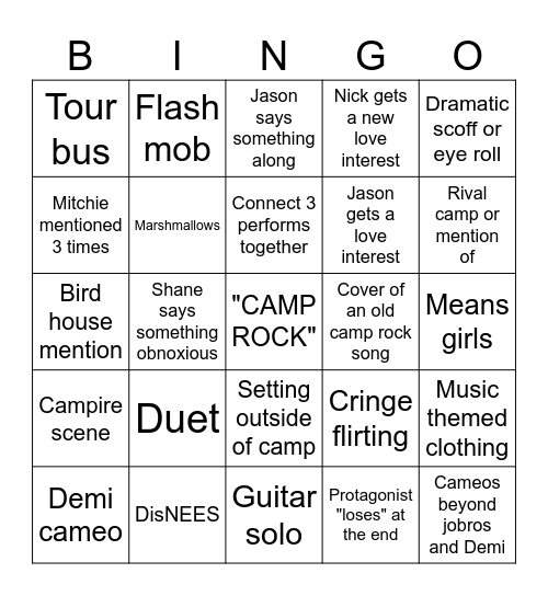 Camp Rock 3 Bingo Card
