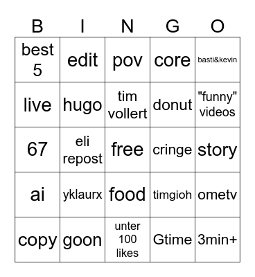 Tiktok Bingo Card