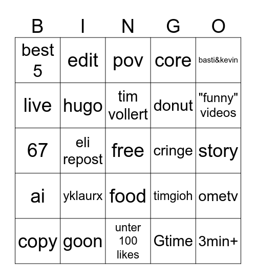 Tiktok Bingo Card
