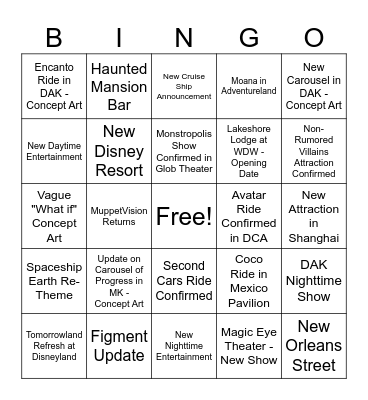 D23 Park Panel Bingo Card