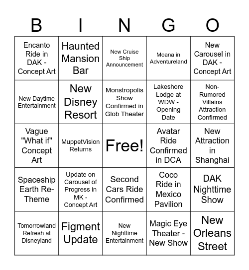 D23 Park Panel Bingo Card